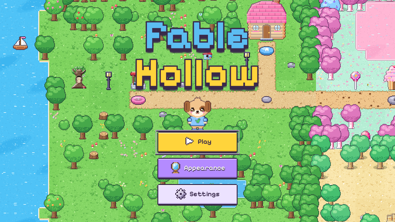 Fable Hollow title screen: a pixel-art meadow with a puppy hero, a cottage and a candy forest