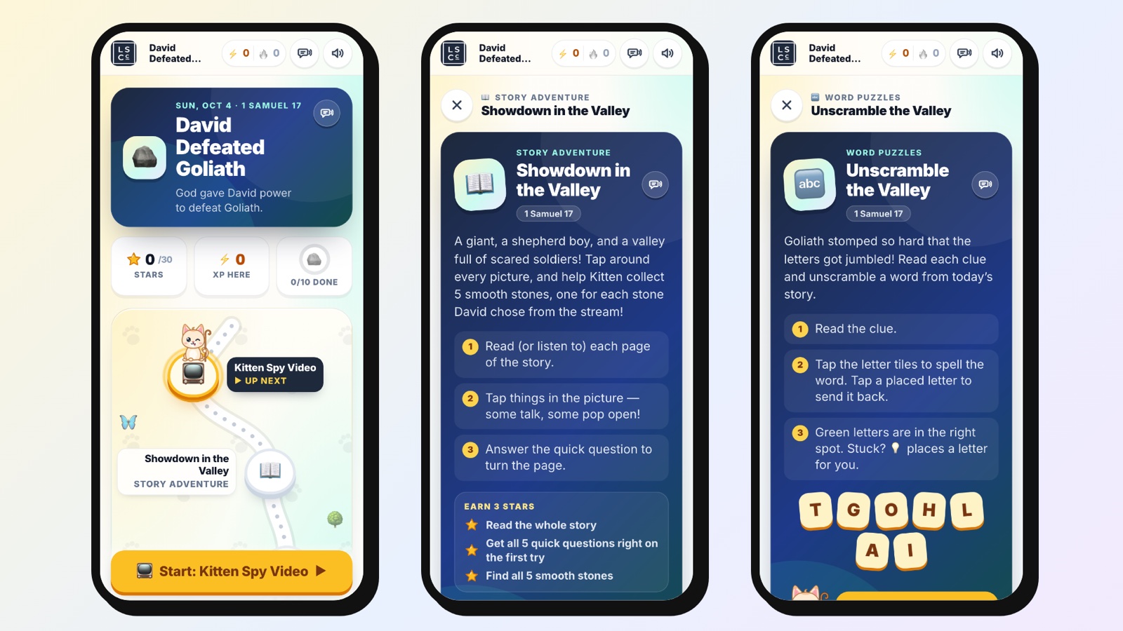 Sunday School Assistant Solo on three phones: the lesson journey map, a story adventure and a word puzzle