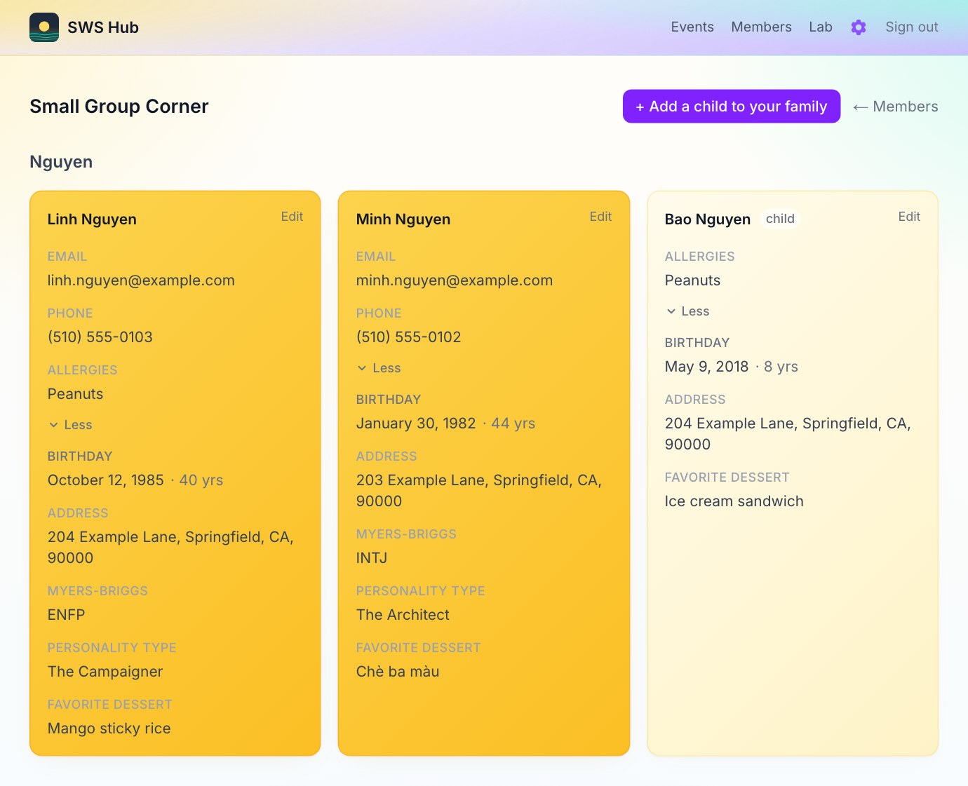 SWS Hub Small Group Corner: one family’s cards with email, phone, allergies, birthday, address, Myers-Briggs type and favorite dessert (sample data)